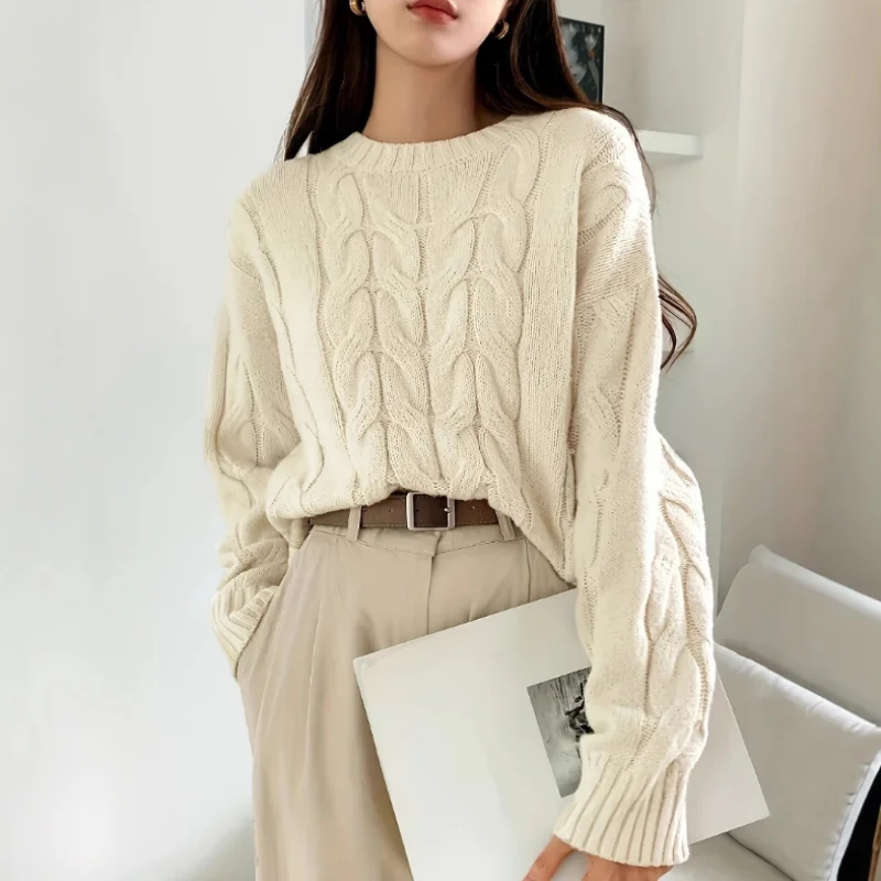 

Solid Color Versatile Knitted Top Shirt 2025 New Winter Autumn Women's Plaid Pullover Sweater Loose Round Neck