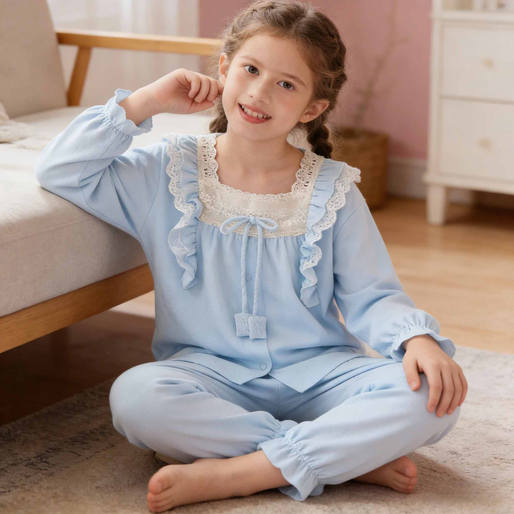 Toddler Girls Pajamas Sets Cute Floral Ruffled Princess Long Sleeve Top & Pants 2-Piece Set Soft Comfortable Sleepwear for Kids