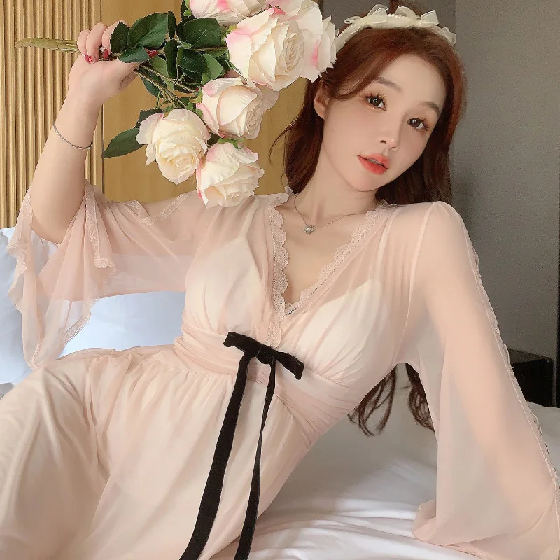 Women Nightgowns Satin Silk Spaghetti Strap Sleepwear Lace Nightwear Bow Sweet Dress Sexy Lingerie Mesh Homedress Nightdress