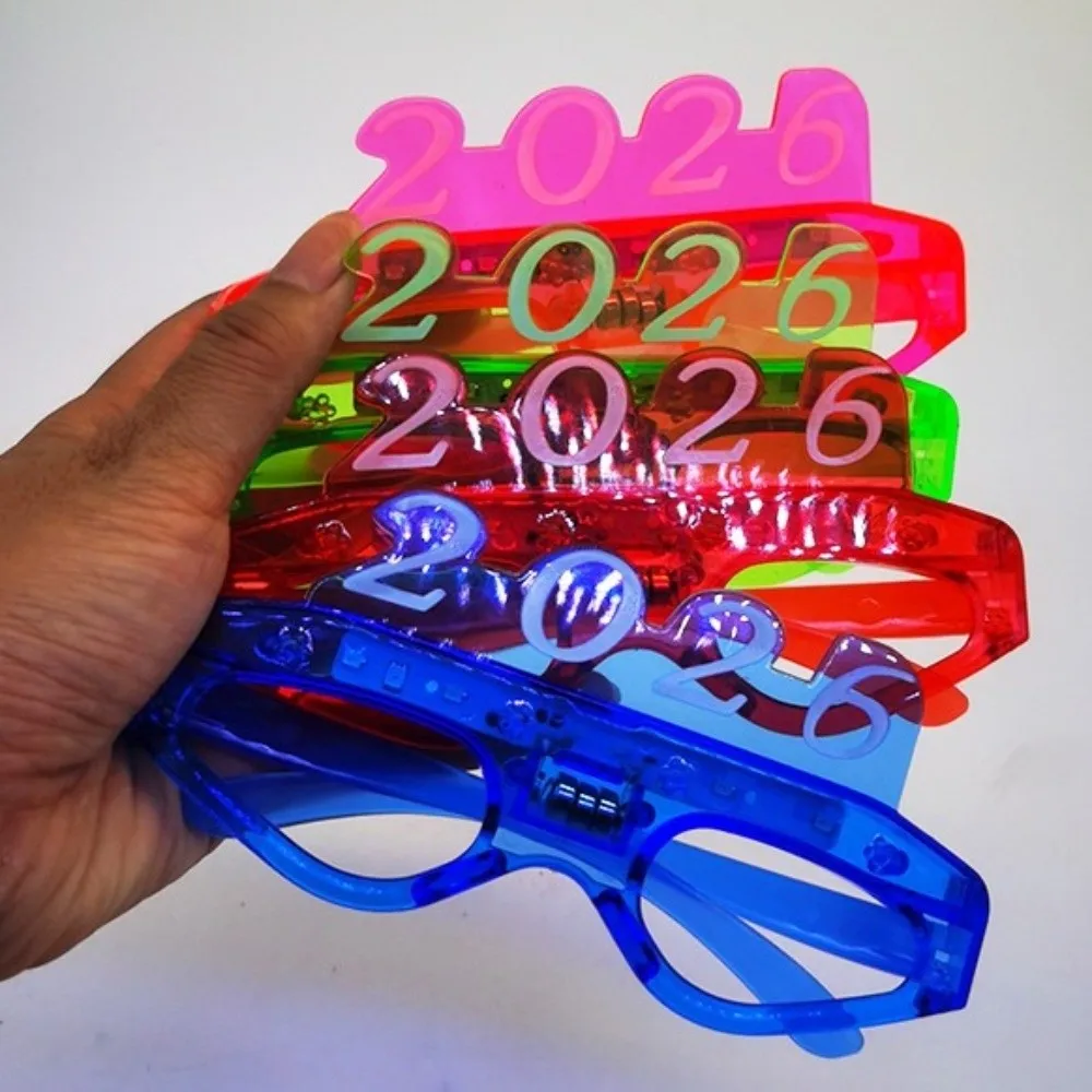 LED Glow 2026New Year Glow Glasses Square/Love Heart Shape Photographic Ornaments 2026 LED Glow Glasses Number Letter Light Up