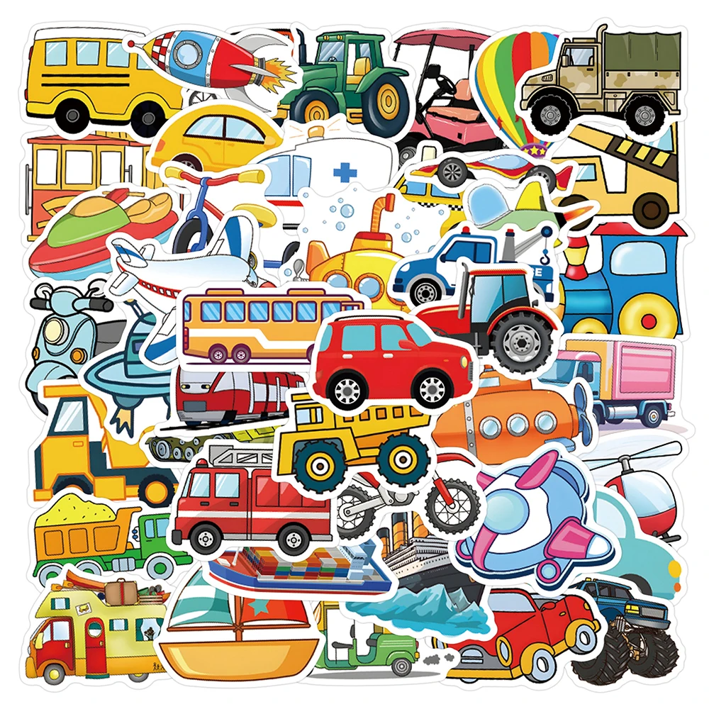 10/30/55/110pcs Transport Engineering Vehicle Stickers Cartoon Car Airplane Bus Sticker Luggage Laptop Phone Decals Decoration