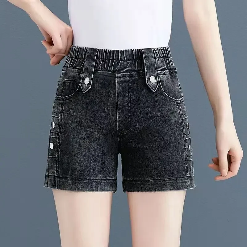 Pantaloncini di jeans elastici a vita alta per le donne in estate Nuovi pantaloni da donna larghi a gamba larga sottili e versatili in vita elastica XT1216