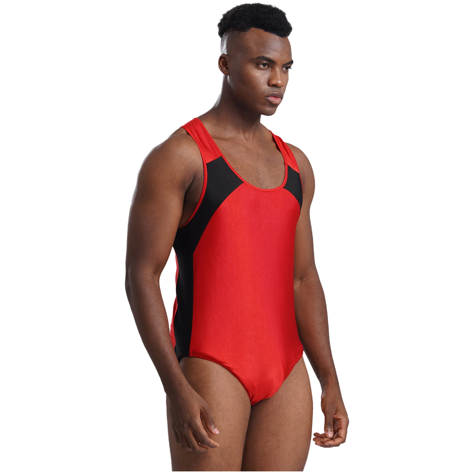 Mens U Neck Sleeveless Athletic Leotard Contrast Color High Cut Tank Bodysuit Gymnastics Fitness Wrestling Singlet Shapewear