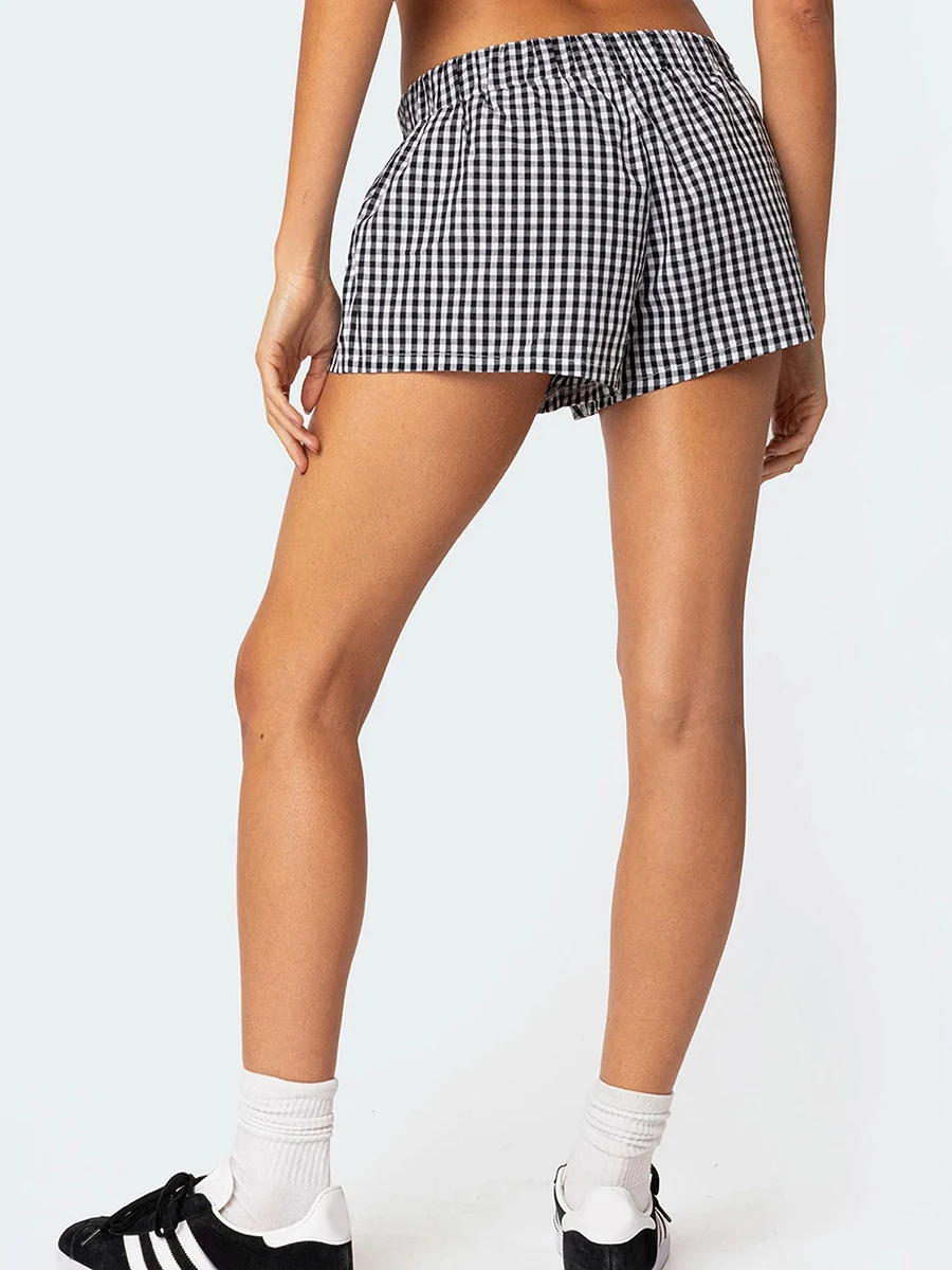 Pantalones cortos informales de verano para mujer, Shorts holgados de cintura elástica con estampado a cuadros, para salón