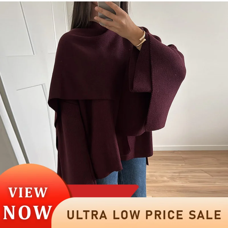 2024 Burgundy Women's Chic Scarf Collar Jackets Autumn Fashion Long Sleeved Casual Loose Coat New Ladies Elegant Street Outwear