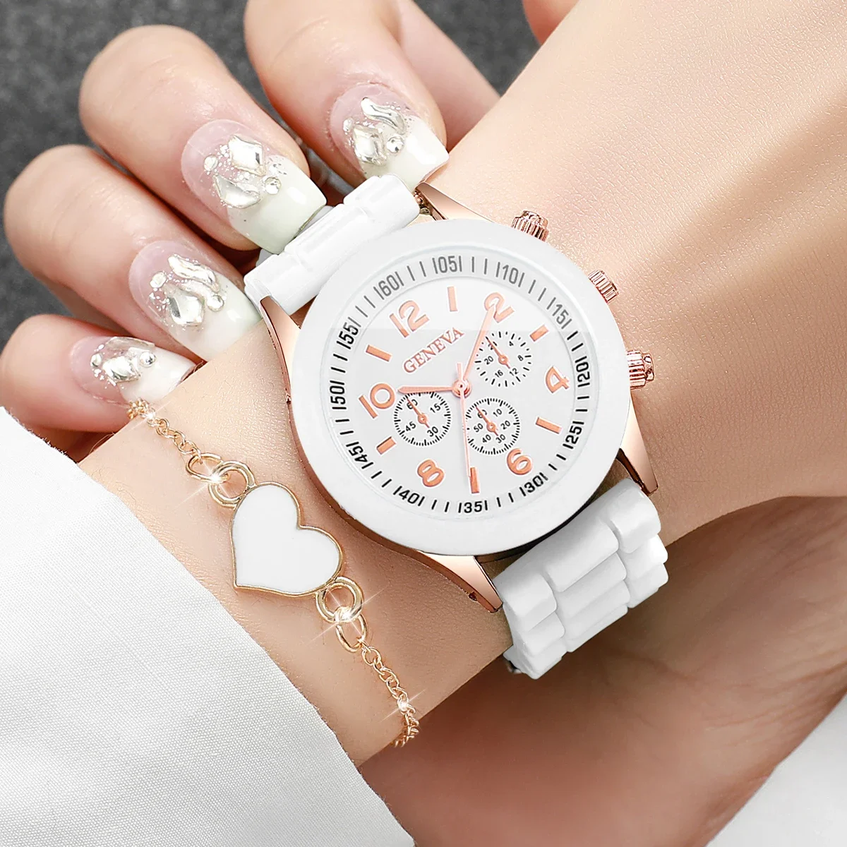 2PCS Fashion Arabic Dial Women Quartz Watch Heart Bracelet Set Ladies Silicone Strap Wristwatches Relogio Feminino（Without Box）