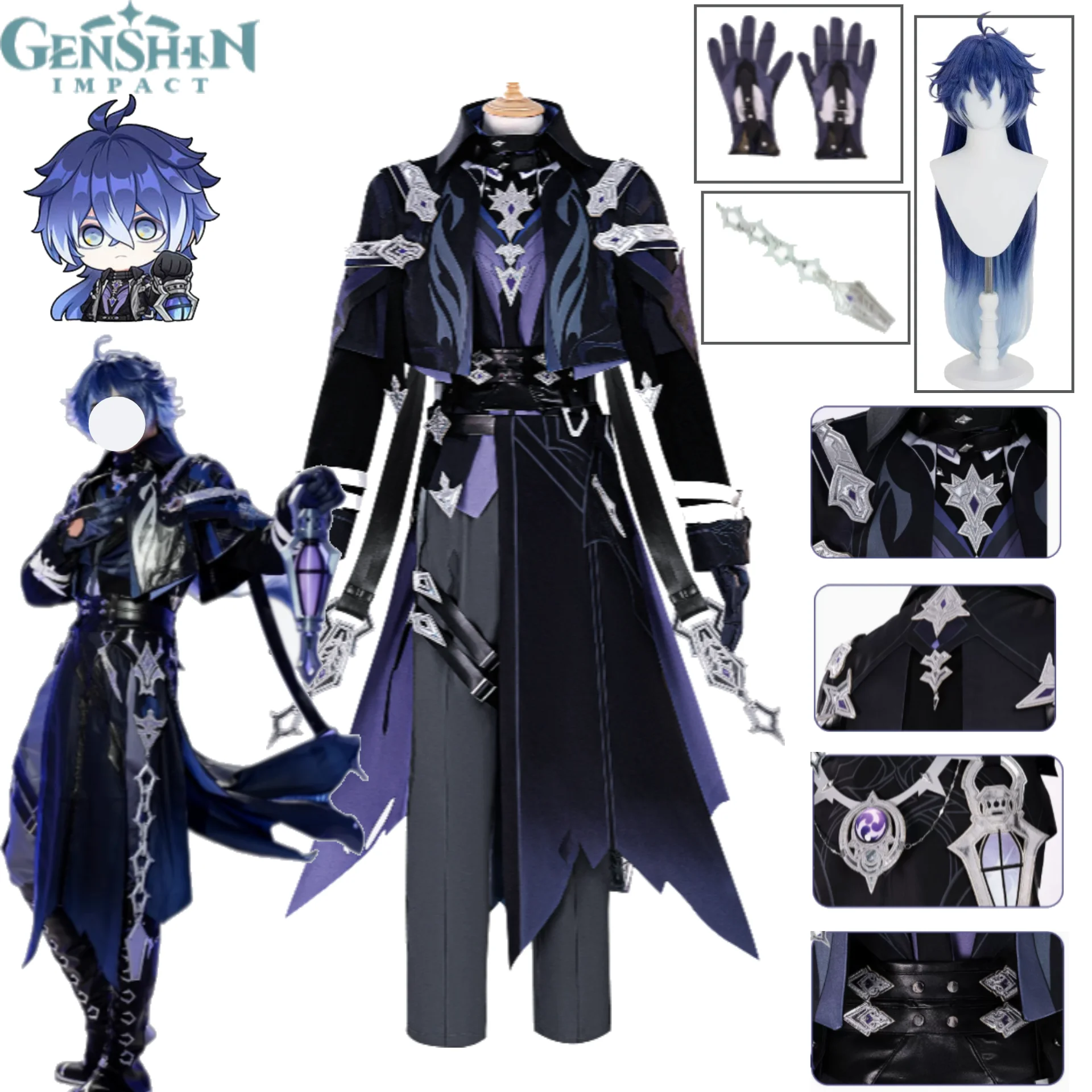 

Flins Genshin Impact Kyryll Chudomirovich Cosplay Costume Song of the Void Moon' Full Set with Wig And Accessories for Hallowee