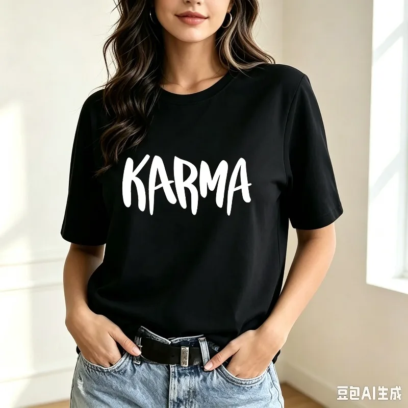 Women Karma Graphic Tee Black Brush Letter Print Modal Casual Simple Slogan Daily Streetwear Women Gift Top