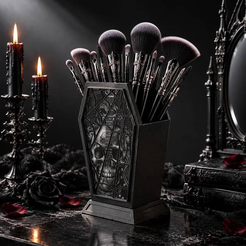 Gothic Coffin Shape Pen Holder Skull Guitar Print Desktop Makeup Brush Storage Organizer Halloween Vanity Table Decor Stationery