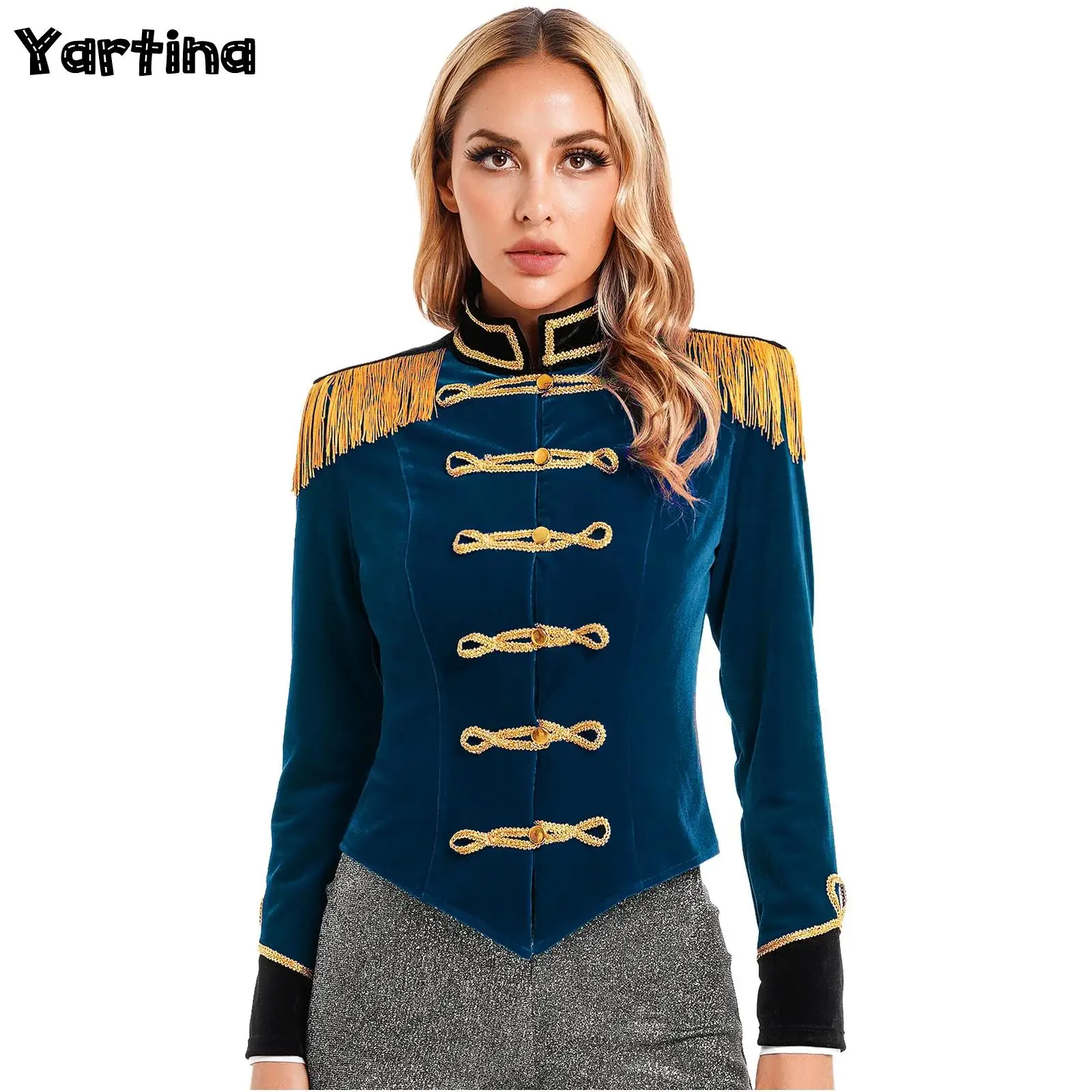 

Womens Circus Ringmaster Showman Cosplay Outfits Fringed Marching Lion Tamer Queen Band Military Jacket Victorian Tuxedo Coat