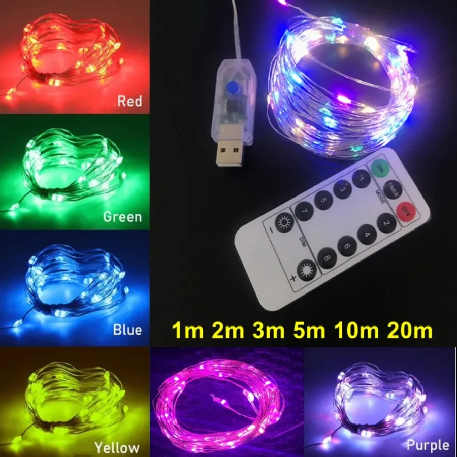 20~1m Switch USB Remote Control 8 Function Light Strip LED Fairy Light String Christmas New Year Wedding Party Garden Decoration