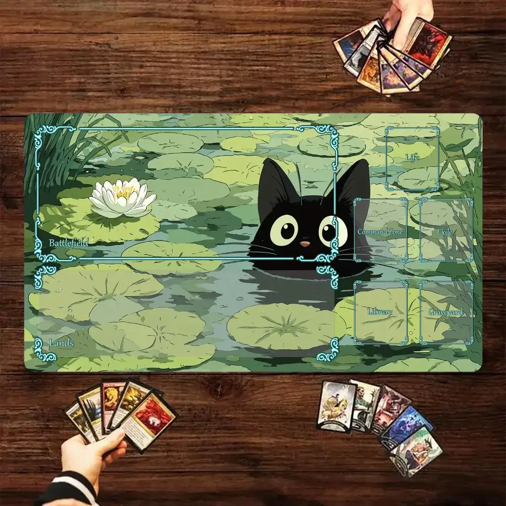 Green Lotus Leaf and Black Cat Design TCG Playmat Magic Card Battle Mat 35X60CM Gathering Gaming Mats Tapete Magic Mat Card Pad