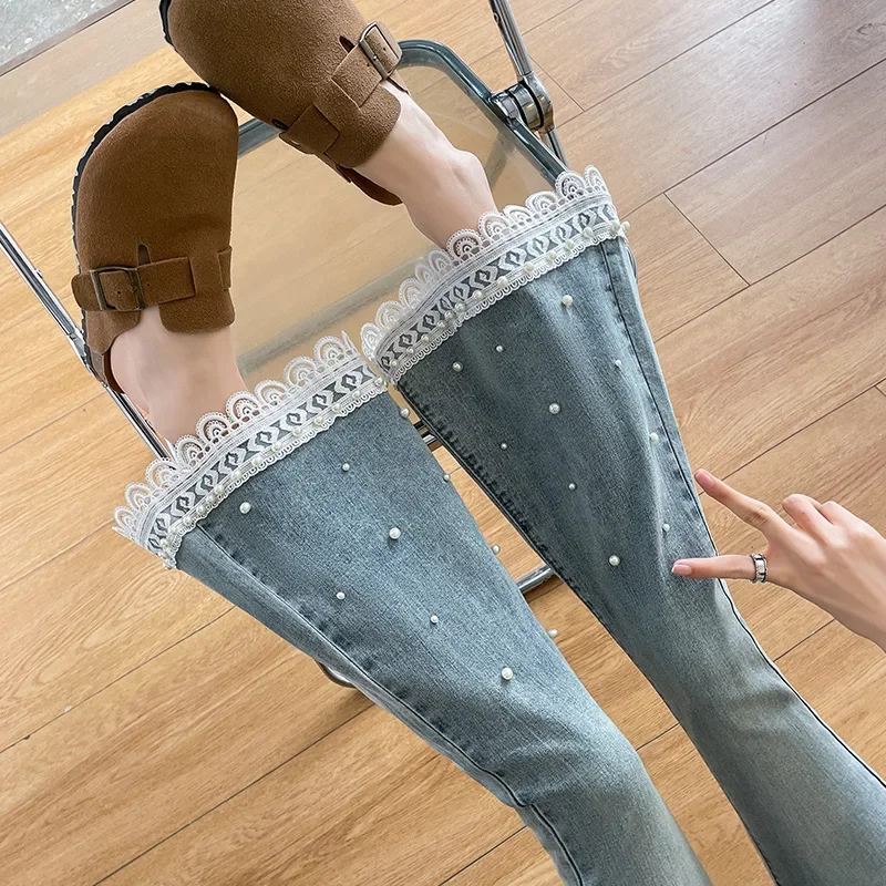 Primavera e outono Little Stature Lace Bead Denim Calças de cintura alta ligeiramente queimadas. Jean feminino Slim Temperament de nove quartos