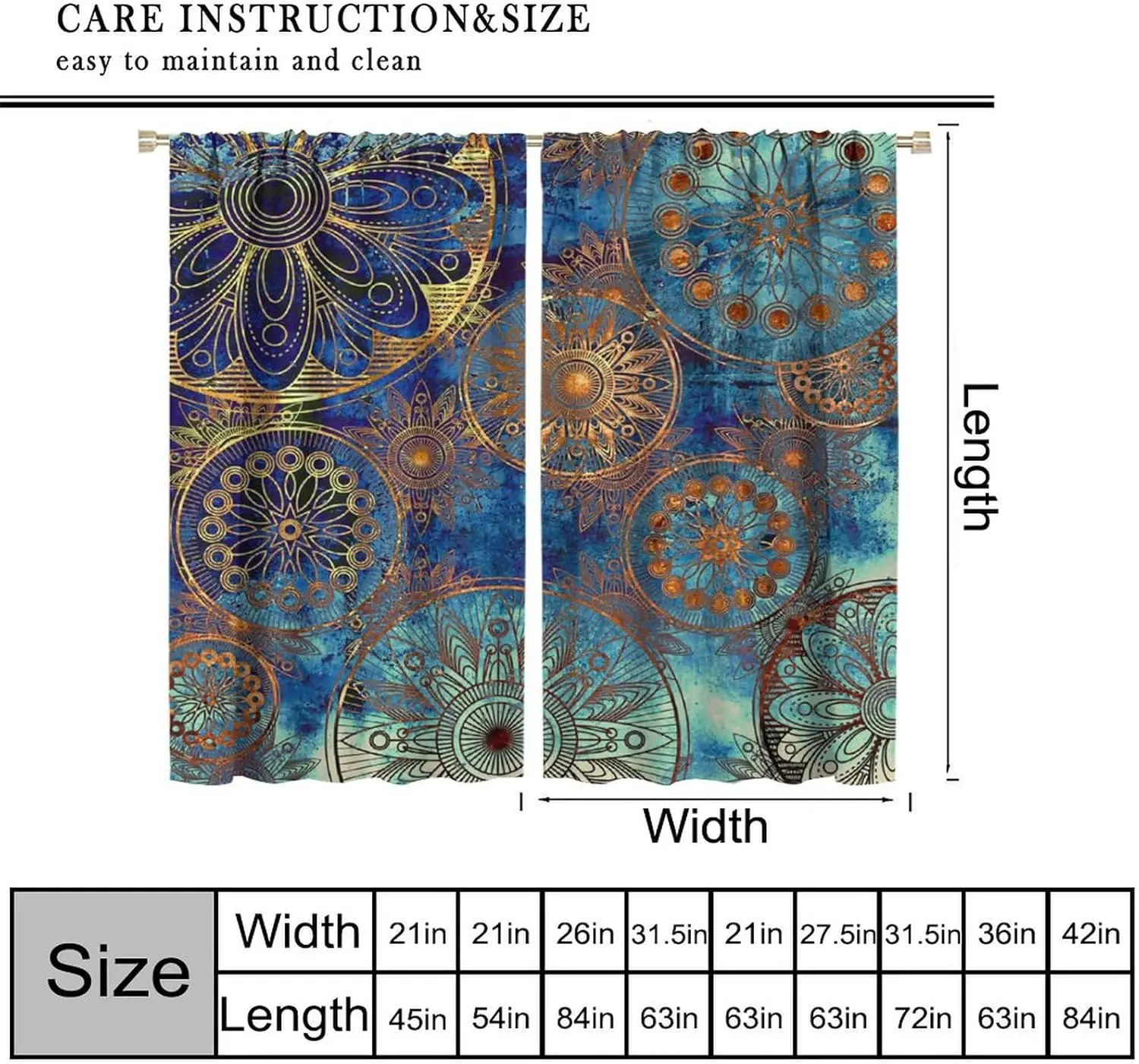 Mystic Mandala Curtains for Home Decor, Vintage Abstract Magic Art Golden Blue Pattern Window Treatments, Rod Pocket Thermal