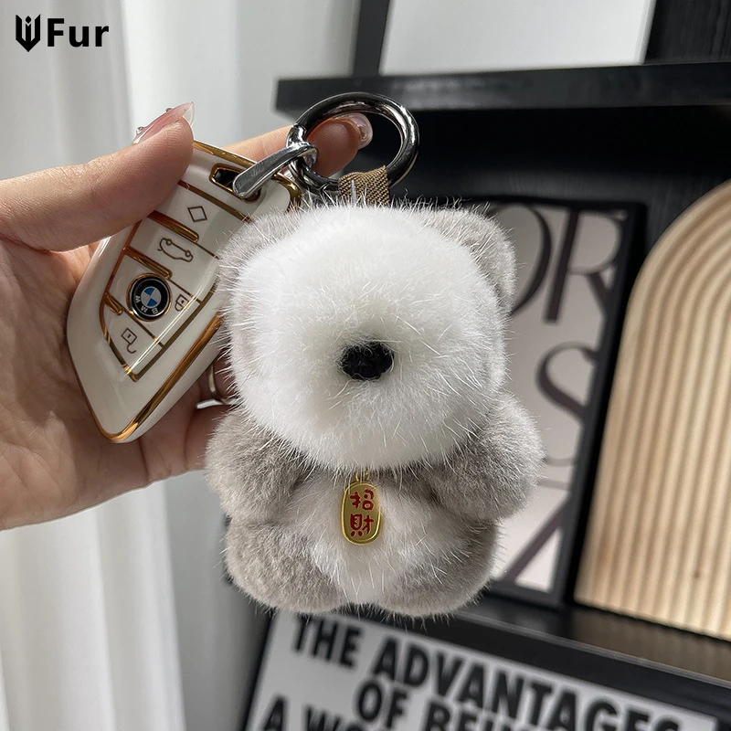 Cute Real Mink Fur Keychain Plush Panda Pendant Kids Toy Women Bag Charm Trinkets Car Metal Key Rings Rear View Mirror Ornaments