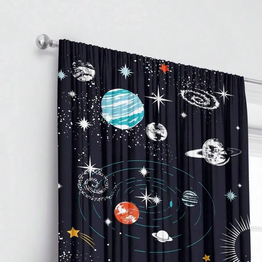 Space Themed Blackout Curtains Cosmic Planets Stars Design Polyester Rod Pocket For Living Room Bedroom Kitchen