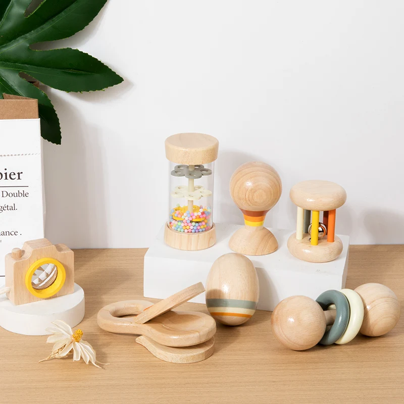 Juguetes de madera Montessori para niños, juego de sonajero para bebé de 7 piezas, juguetes con sonido, entrenamiento de agarre, ayuda para educación temprana, regalo