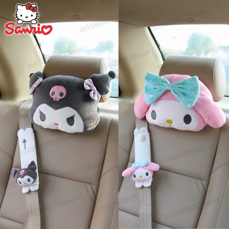 Sanrio Cartoon Car Headrest Neck Pillow Kuromi My Melody Universal Seat Lumbar Safety Belt Cover Auto Interior Accessories