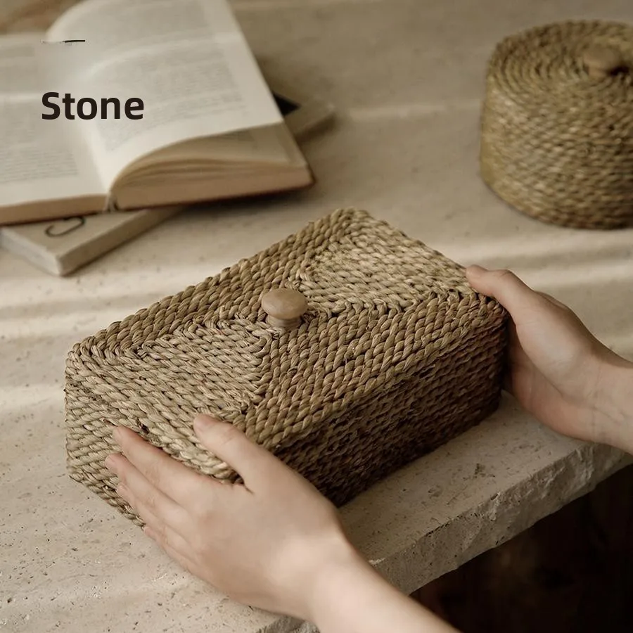 

Wicker Storage Box Handmade Grass Basket Minimalist Style Living Room Decorative Accessories Geometric Shape Wooden Base
