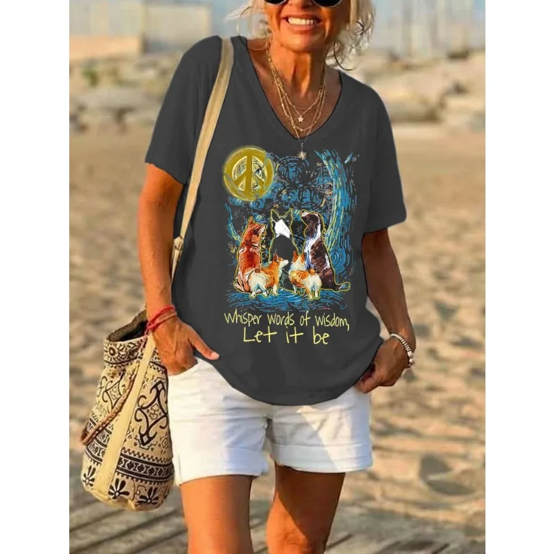 ilstile Women's Hippie Let It Bet Print T-Shirts Summer Short Sleeve Casual Loose V Neck Tops Black Tees New Arrival