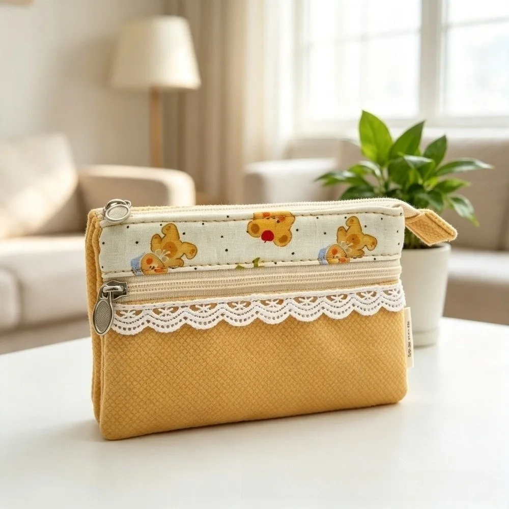 Portable Cartoon Bear Coin Purse Waterproof Zipper Document Bag Multi-Layer Short Wallet Travel