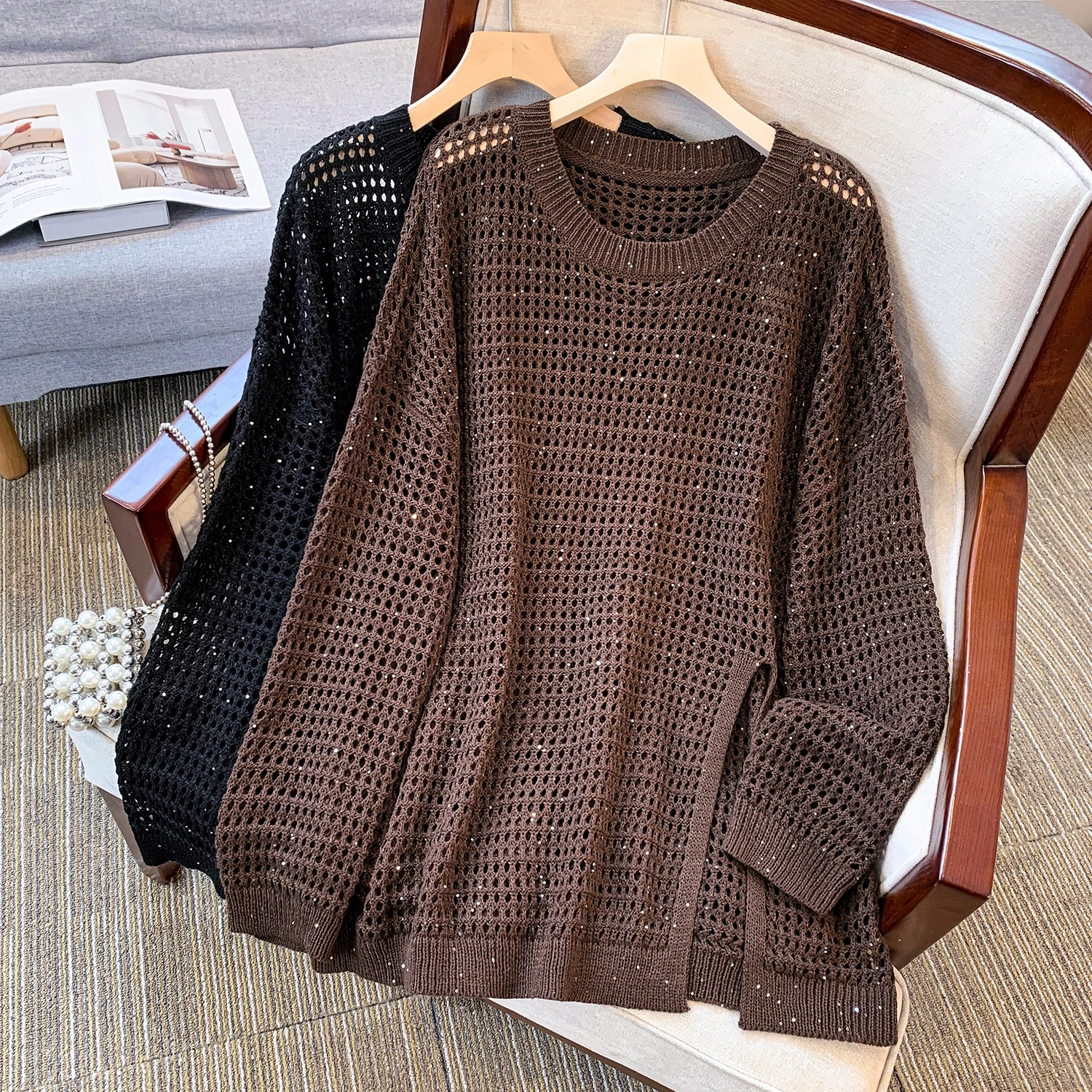 

Свободный длинный вязаный свитер больших размеров, женский яркий ажурный дизайн с блестками, осенний новый повседневный топ из полиэфирного волокна