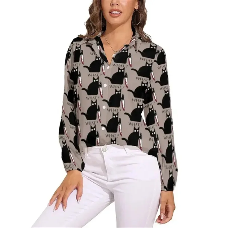 Black cat blouse for women, loose-fitting blouses with cute classic cat print, long-sleeved Kawaii shirts, clothing view 3