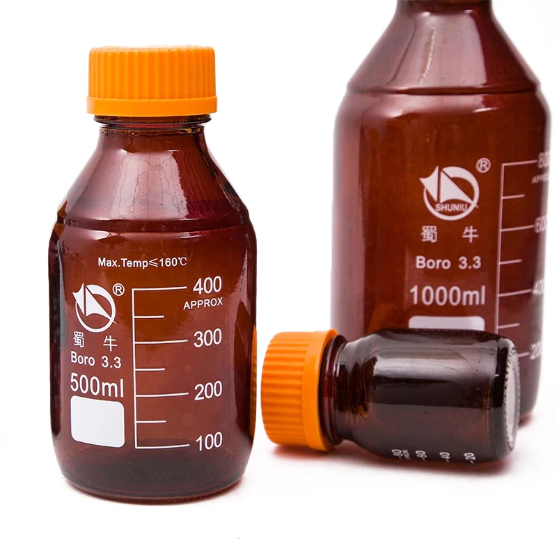 100ml 250ml 500ml 1000ml Boro Laboratory Sample Glass Threaded Reagent Bottle Screw Yellow Cap Amber Brown Refillable Bottles