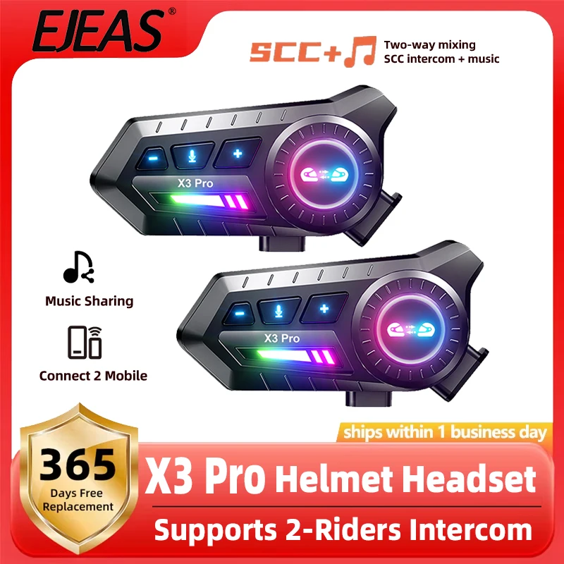 

X3 Pro Motorcycle Helmet Bluetooth Headset Supports 2-Riders Intercom FM Noise Reduction Music Sharing BT6.0 Waterproof 1000mAh