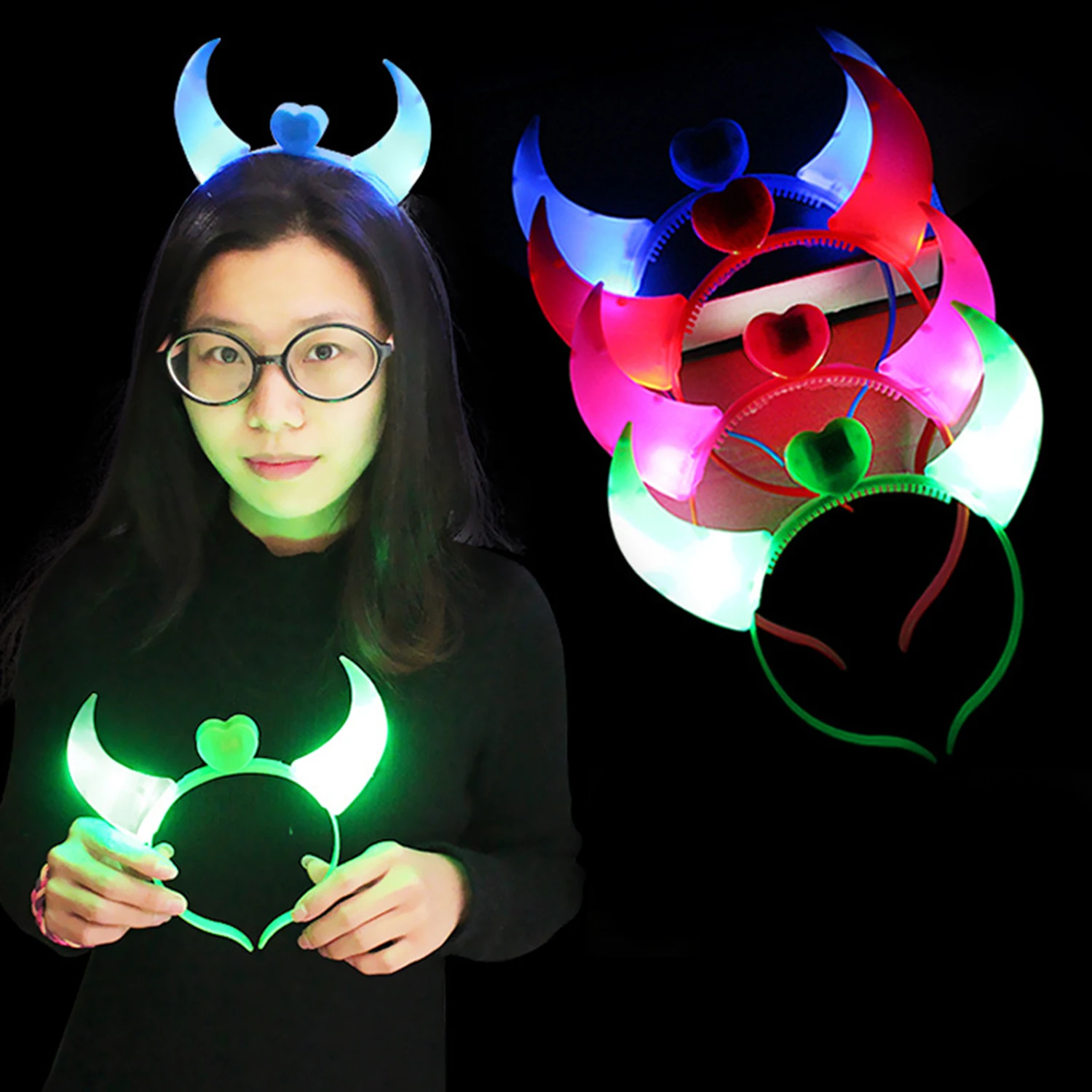 

1PC Girls Women Party Glow Headband With Teeth Luminous Cow Horn Hair Band Birthday Wedding Party Costume LED Hair Hoop