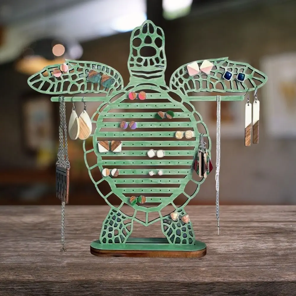 منظم مجوهرات لطيف فريد من نوعه بتصميم سلحفاة خشبية لعرض القرط والقلائد ديكور المنزل