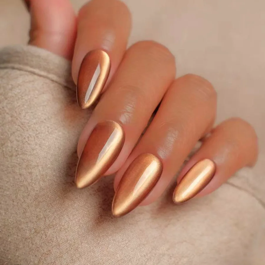 24pcs Autumn Orange Cat Eye Press on Nails Shiny Pure Color Almond Fake Nails Women Wearable Ins Simple Fashion False Nails