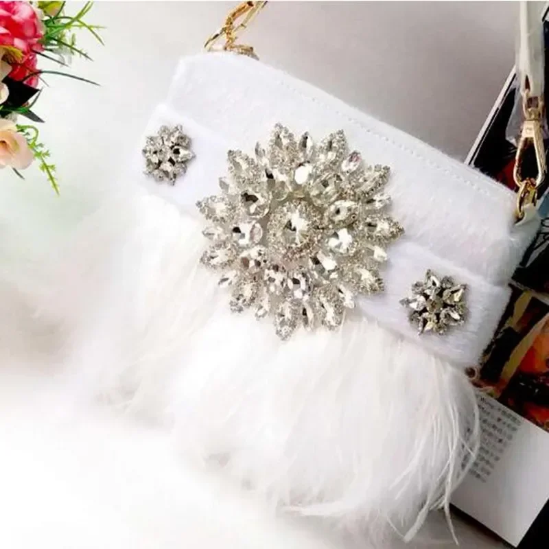 Yao Dong Luxury Diamond Feather Party Clutch Bag Tassel Purses and Handbags for Women Chain Shoulder Bag Designer Crossbody Wedd