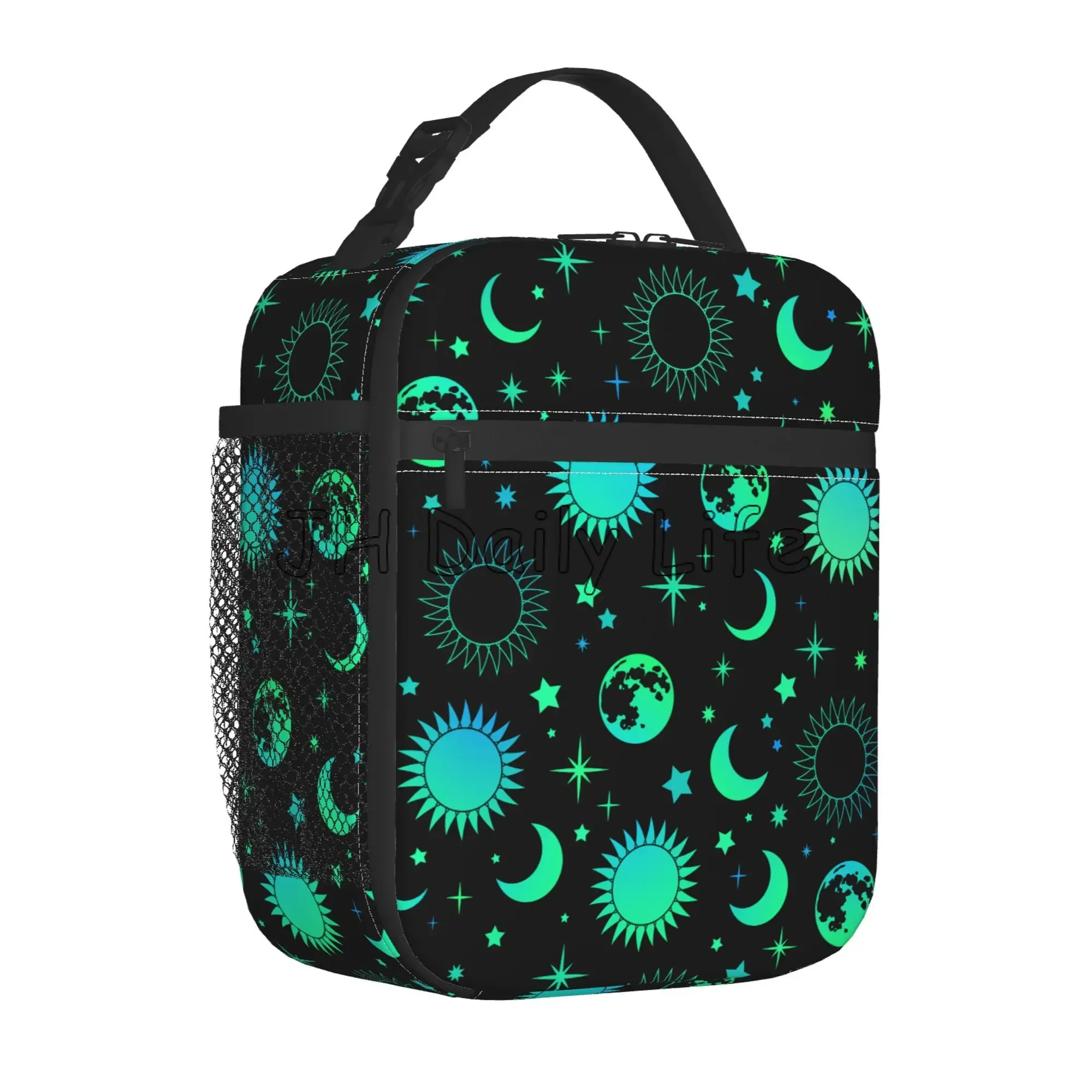 Vintage Neon Green Esoteric Sun Moon Insulated Lunch Tote Bag Reusable Thermal Lunch Box for Women Girls Boys School Work Picnic