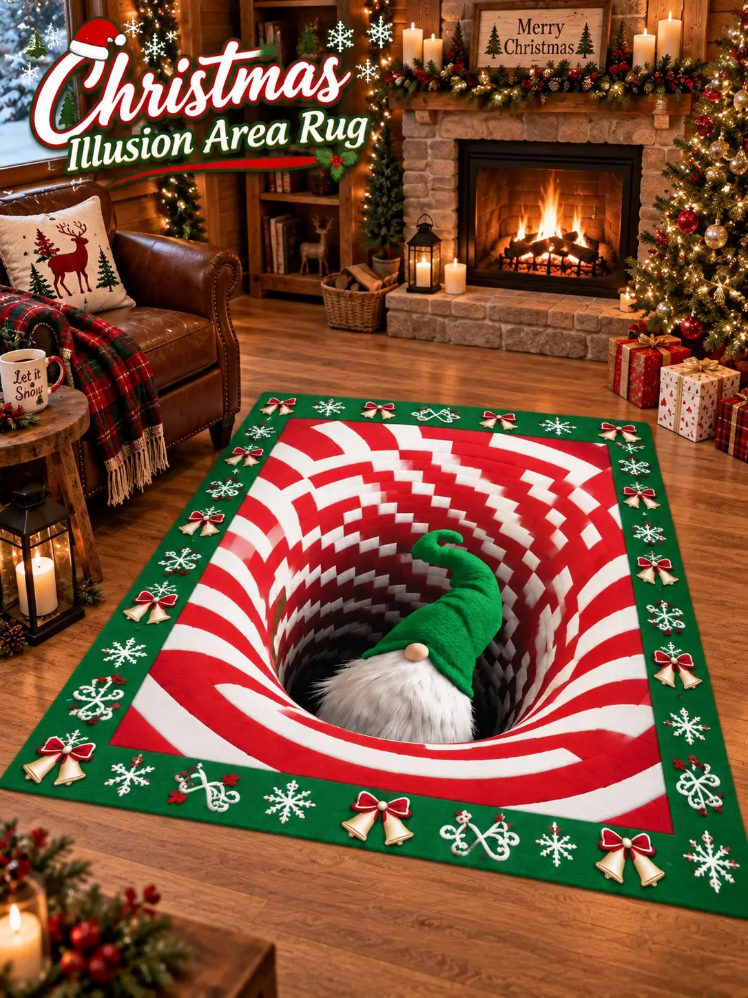 Christmas Rug Gnome Spiral Tunnel Illusion Floor Decor Carpet Living Room Bedroom Dining Area Entryway Apartment Cabin Winter Home Accent Beside Sofa Armchair Housewarming Birthday Gift for Family Friends Neighbors Homeowners Holiday Celebrations