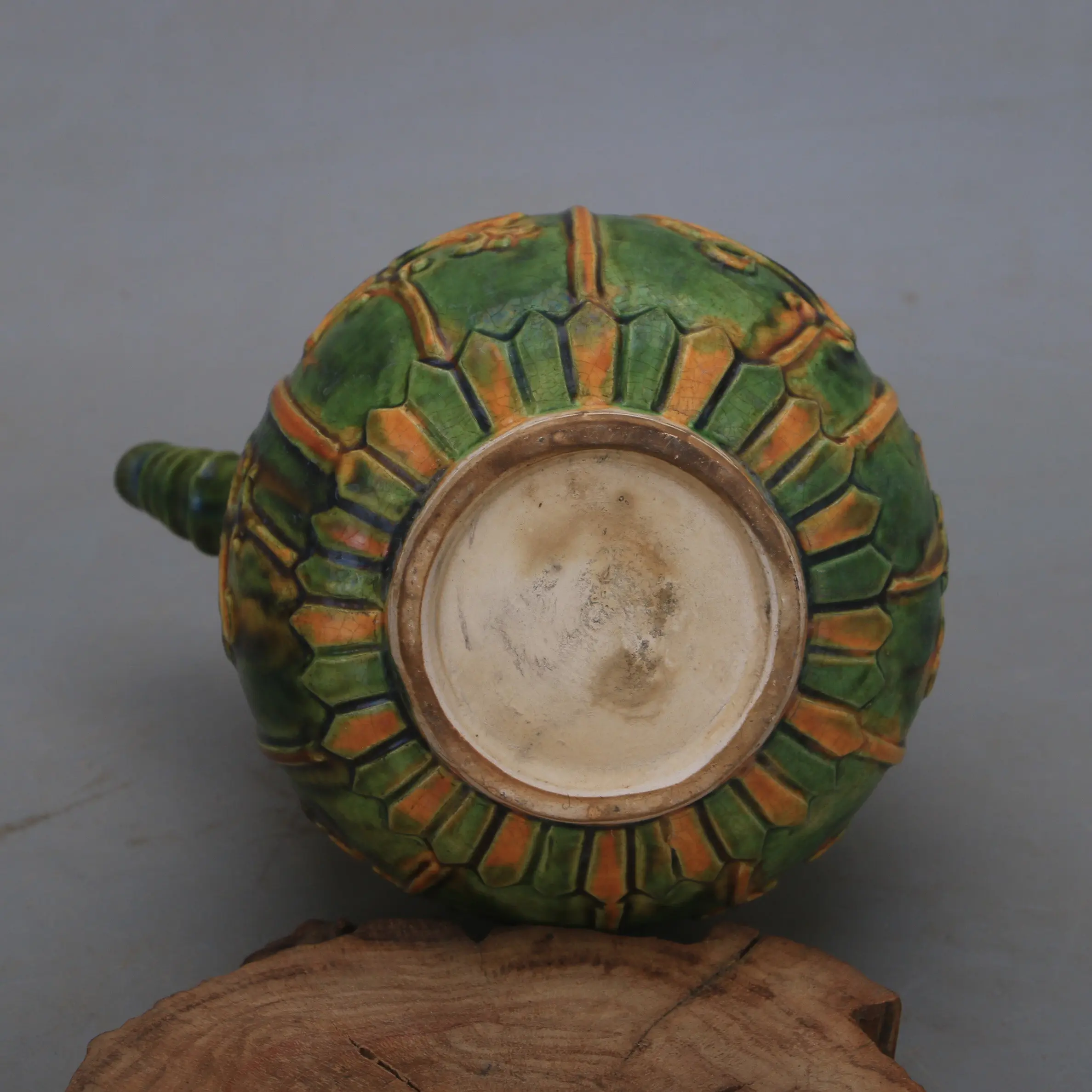 Tang Dynasty Sancai Green Ground Splash Color Flower Bird Bamboo Cartouche Loop Handle Teapot Chinese Vintage Decor Collectible