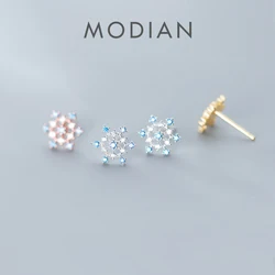 MODIAN Fashion Blue Crystal Cute Snowflake Stud Earring for Women Gift 925 Sterling Silver 3 Color Ear Pin Fine Jewelry 2020 New