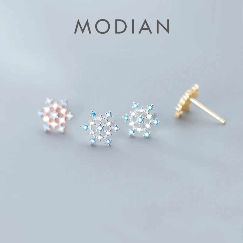 MODIAN modne niebieskie kryształowe śliczne śnieżynka stadniny kolczyki dla kobiet prezent 925 srebro 3 kolor Ear Pin Fine Jewelry 2020 nowość