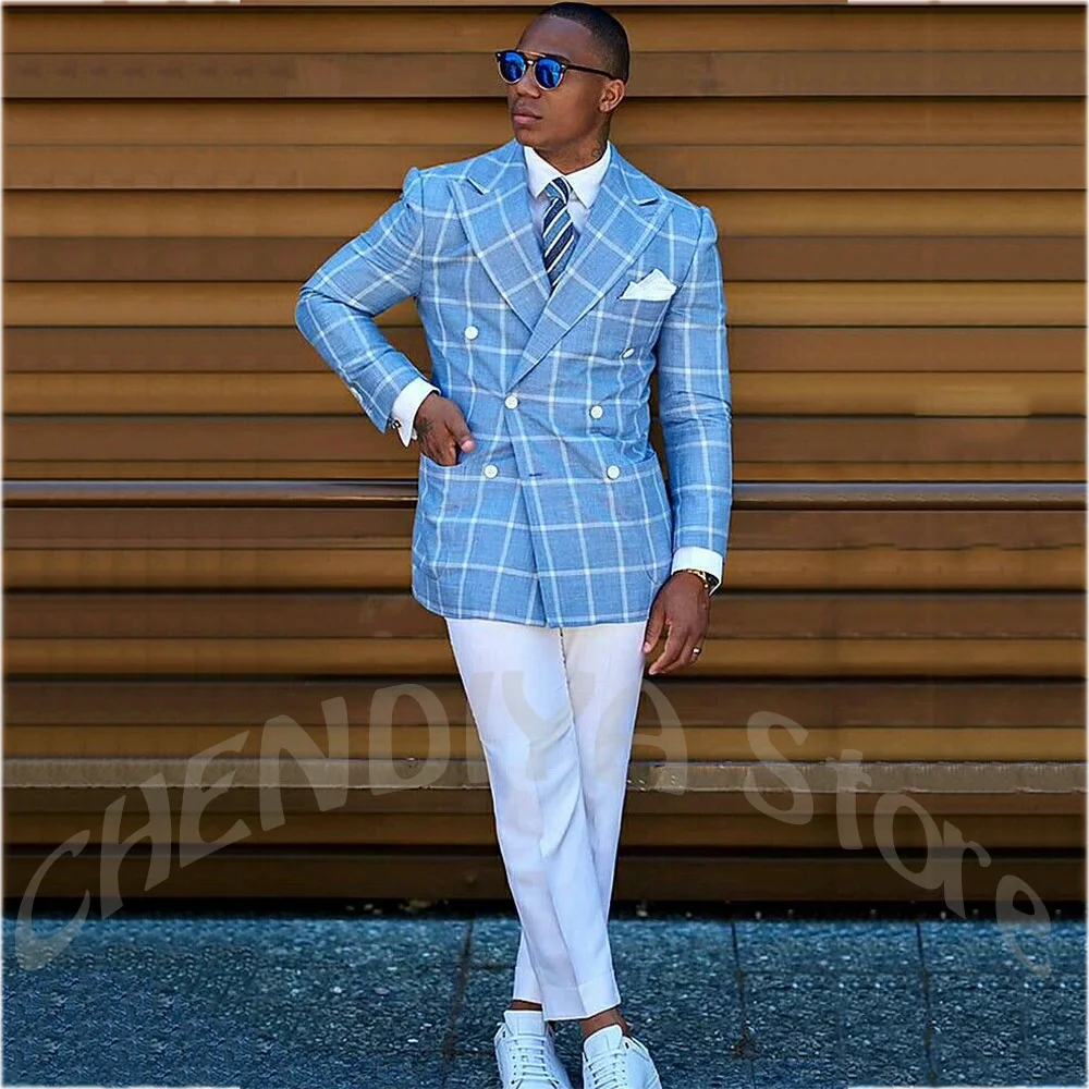 Blue Plaid Double Breasted Jacket Pants Men's Suit Two Piece Chic Peak Lapel Slim Fit Formal Business Office Male Clothing Daily