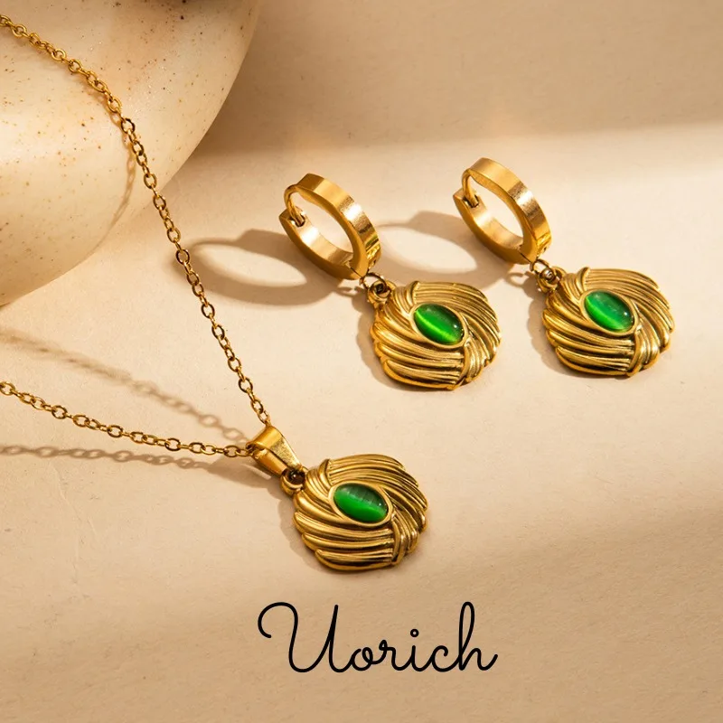 Uorich Vintage Fashion Stainless Steel Gold Plated 18k Inlaid Colored Opal Necklace Earrings for Women Jewelry Set Party Gift