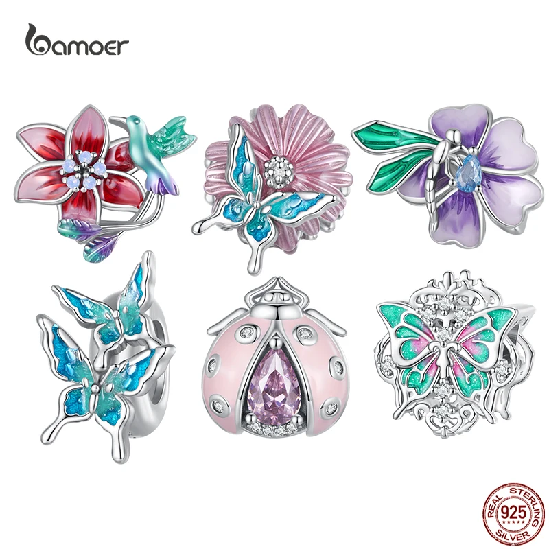 

Bamoer 925 Sterling Silver Rainbow Spring Garden Bead Charms Flower Bird Butterfly Ladybug Pendants for DIY Bracelets Jewelrys