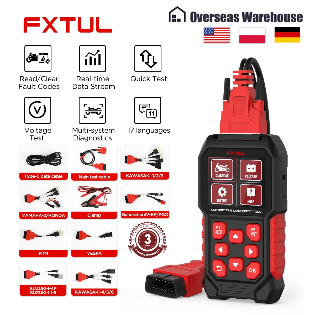 FXTUL M4-EU Motorcycle Diagnostic Scanner Read/Clear Fault Codes Voltage Test All System OBD2 Diagnostic Tool