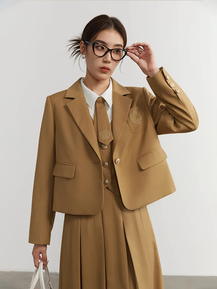 DUSHU College Style Short Blazer Coat Fashion Two Piece Suit for Women Literary Retro Spring New High Waist Half Pleated Skirt