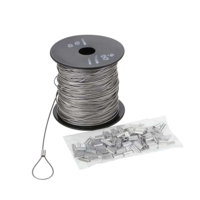 Cuerda de alambre de acero inoxidable de 100m + manga de bucle de prensado de 150 piezas, Cable recubierto multifuncional de 7x7 de 1mm de diámetro,