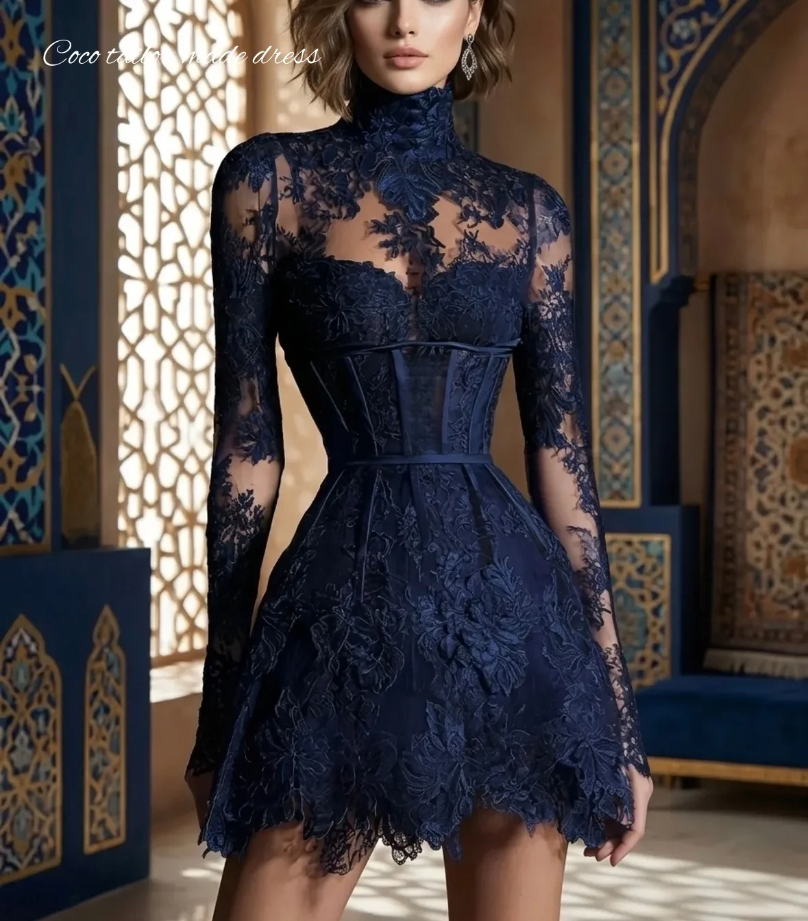 Vintage Hochgeschlossenes Marineblaues Spitzen-Minikleid Transparentes Blumenmuster Langarm Korsett Kurzes Abschlussball-Partykleid Maßgeschneidert