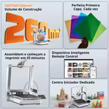 Infográfico destacando o volume de construção de 260mm, controle remoto via app e facilidade de montagem