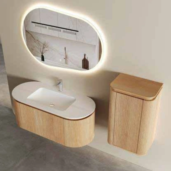 

Modern Wall Mounted Wooden Grain Fluted Panel Bathroom Cabinet Vanity Set Single Sink Floating Vanity With Mirror