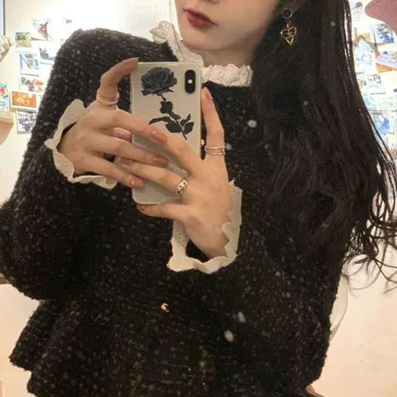Autumn new style elegant socialite small fragrant style short woolen coat women lace trim micro sparkling button coat
