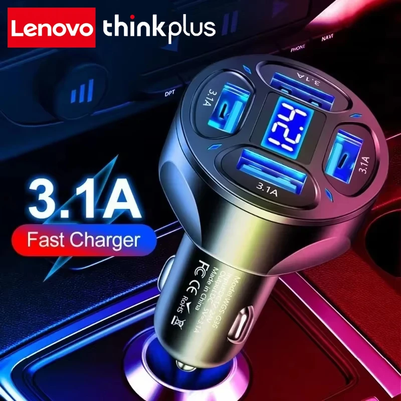 Lenovo ThinkPlus 66W LED Digital Display 4 Port Car Charger Fast USB Charging AdapterQuick Charging Charger For IPhone Samsung