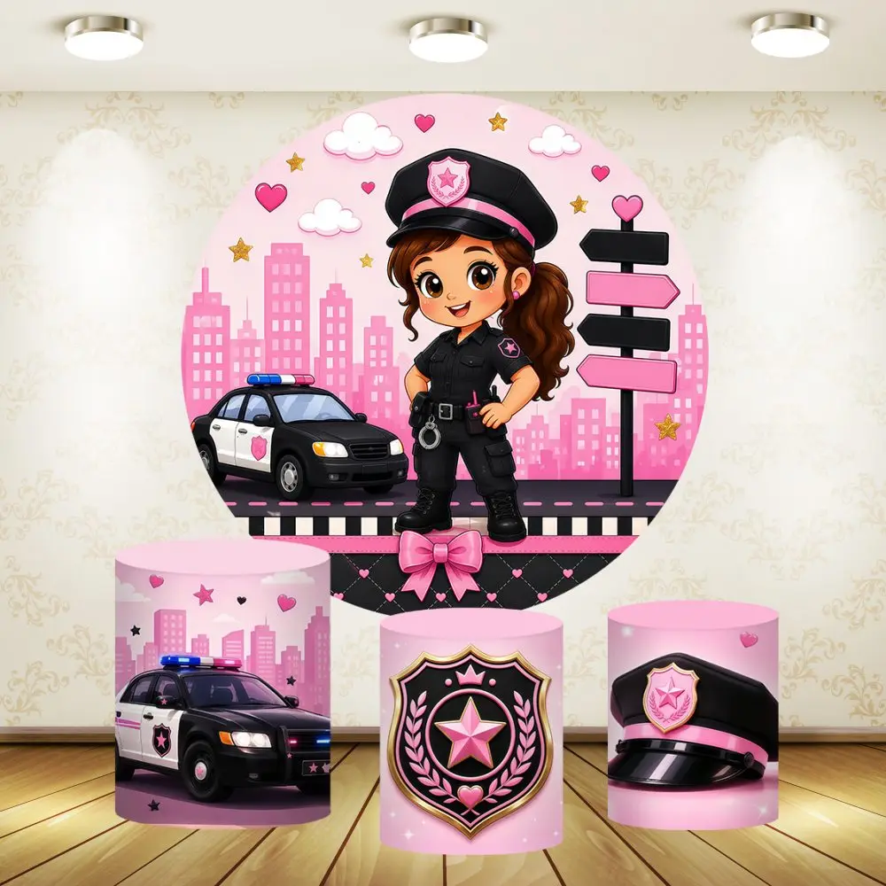 Police Theme Birthday Party Round Backdrop Cartoon Policewoman Kids Baby Shower Decor Banner Photography Background Plinth Cover